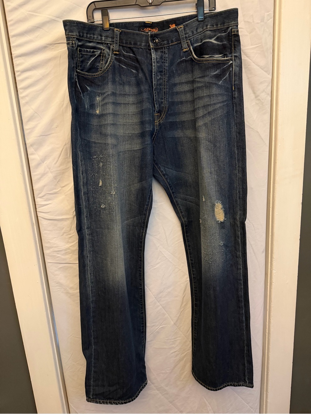 38 Ed Hardy Men's Blue Straight-Leg Jeans with Faded Wash